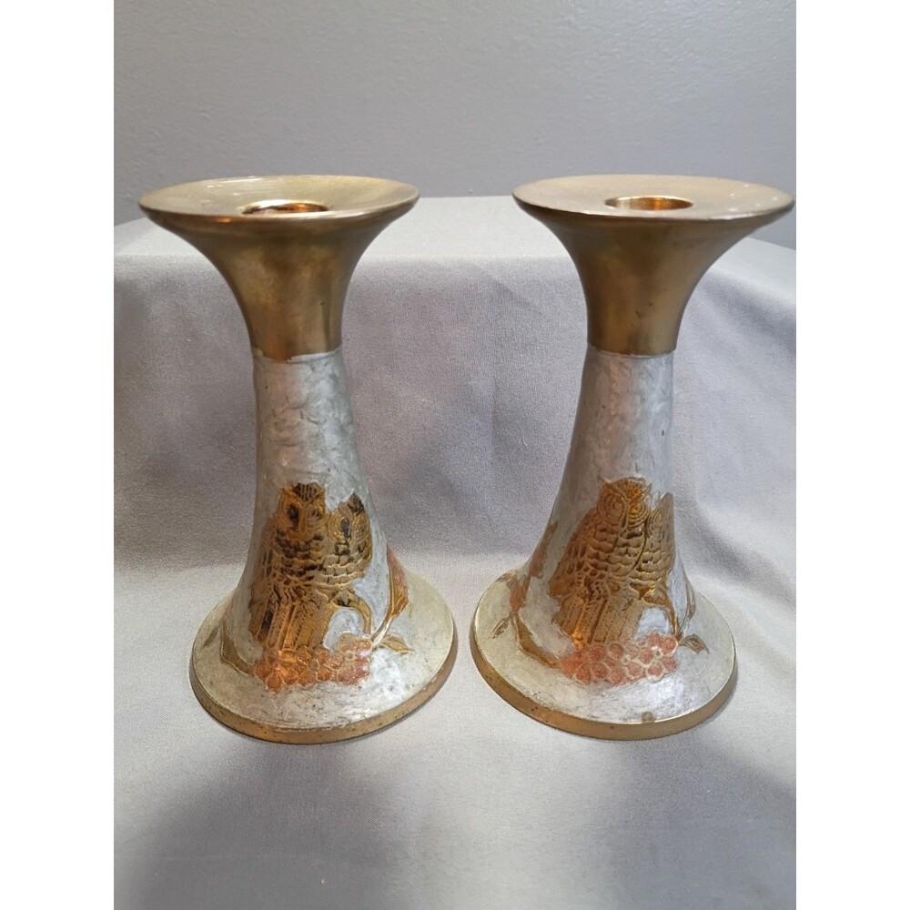Vintage Pair of Etched Brass Candlestick Holders Taper India 5.5" Owls